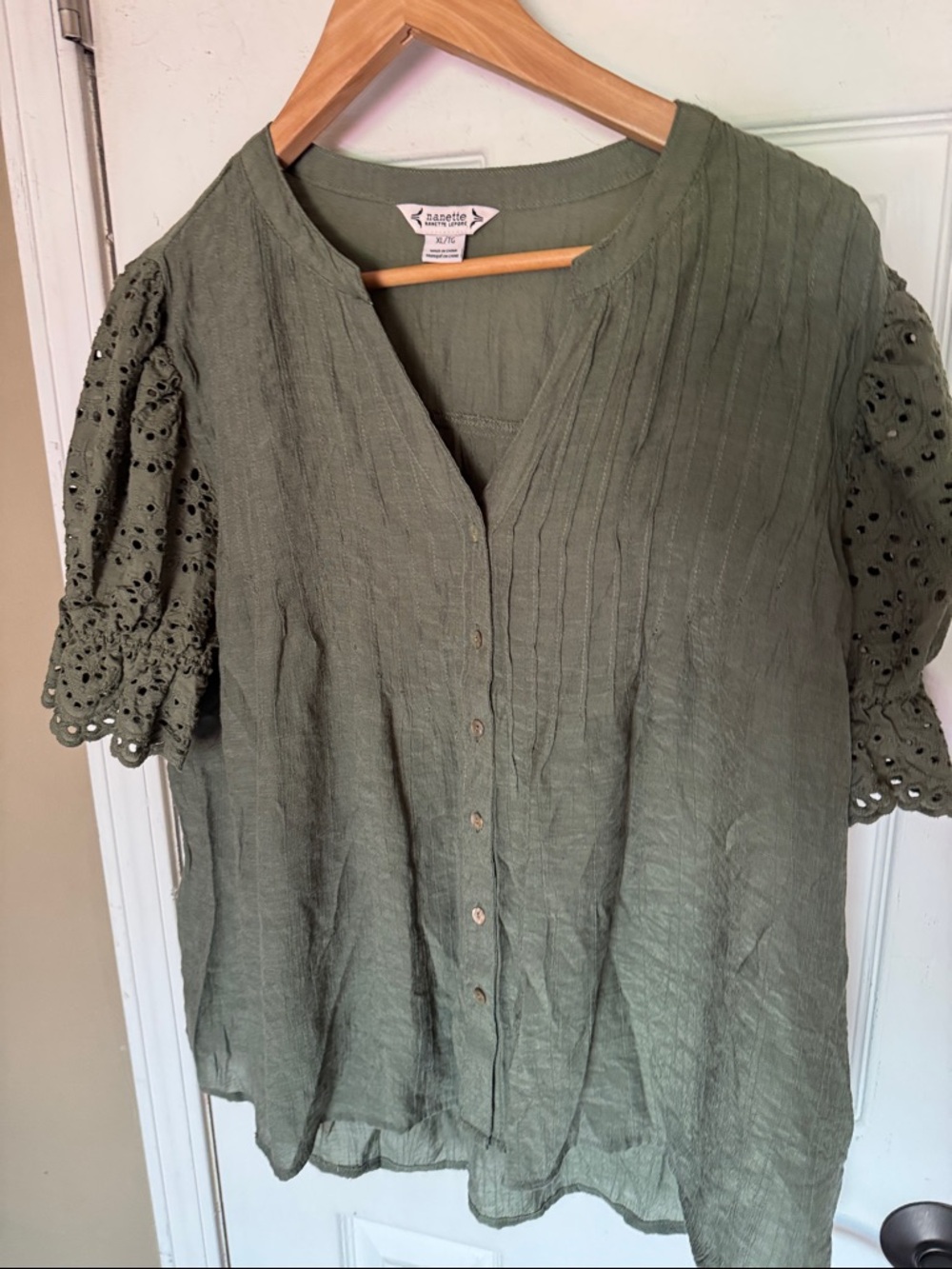 Nanette Lepore Olive Green Eyelet Puff-Sleeve Button Down Top